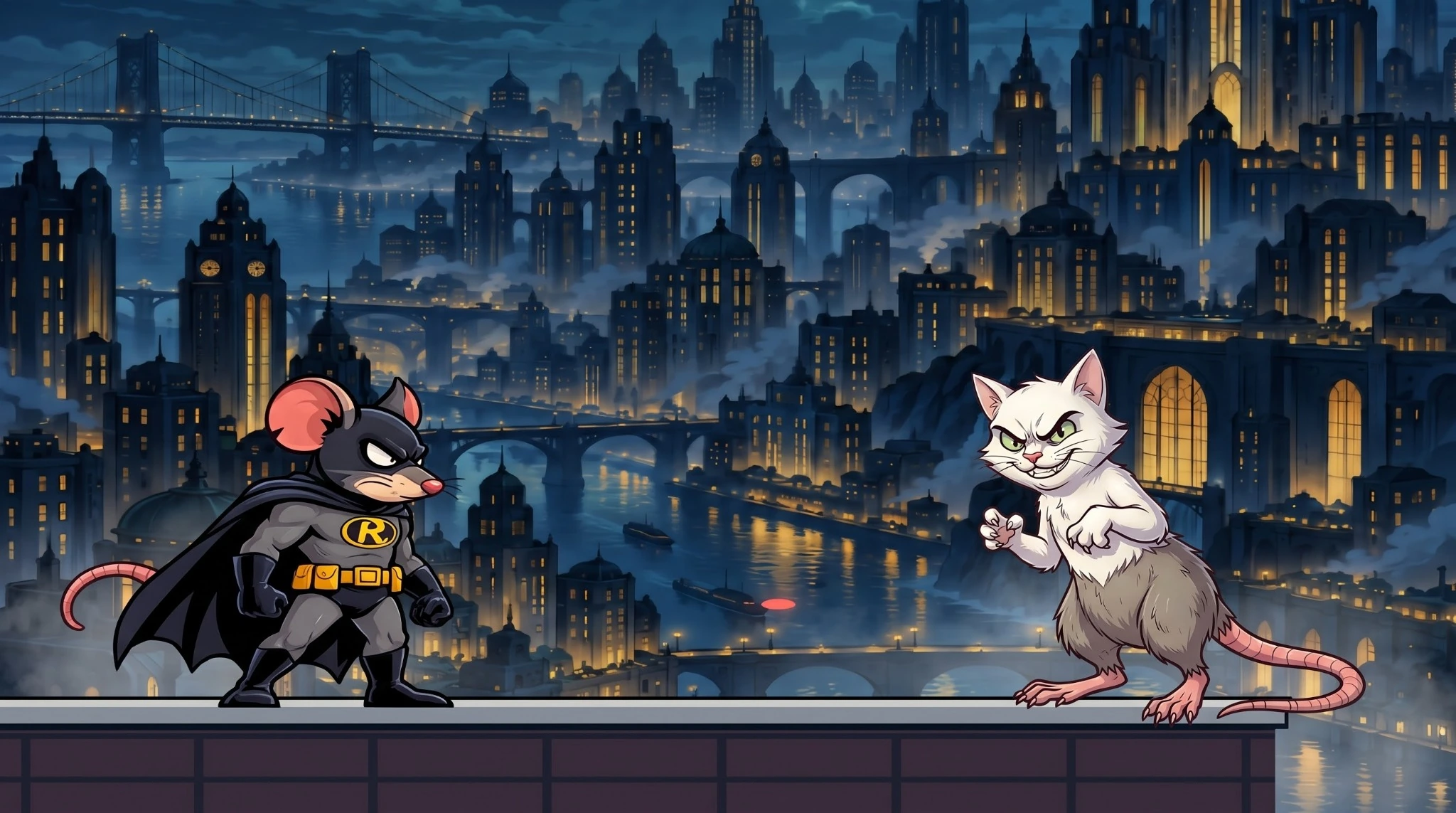 Ratman y su rival sobre una ciudad nocturna